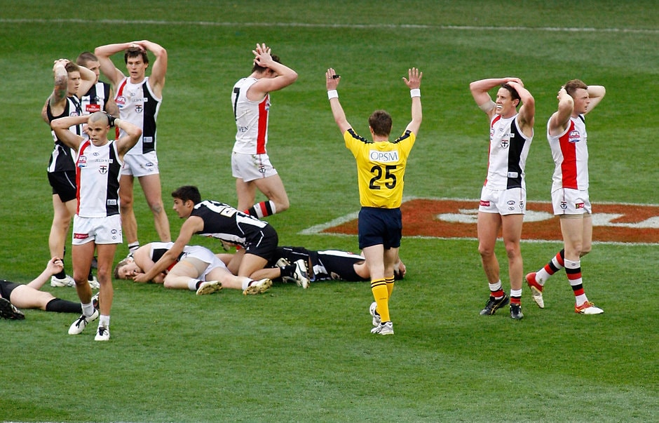 AFL 2010 Toyota Grand Final - Collingwood v St Kilda St Kilda players reaction to the final siren with scores level during the 2010 Toyota AFL Grand Final between the Collingwood Magpies and the St Kilda Saints at the MCG, Melbourne.